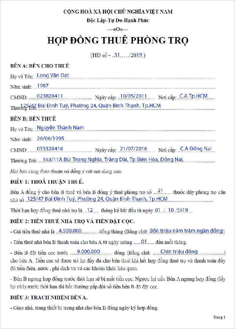 Hướng dẫn viết bản hợp đồng thuê nhà trọ