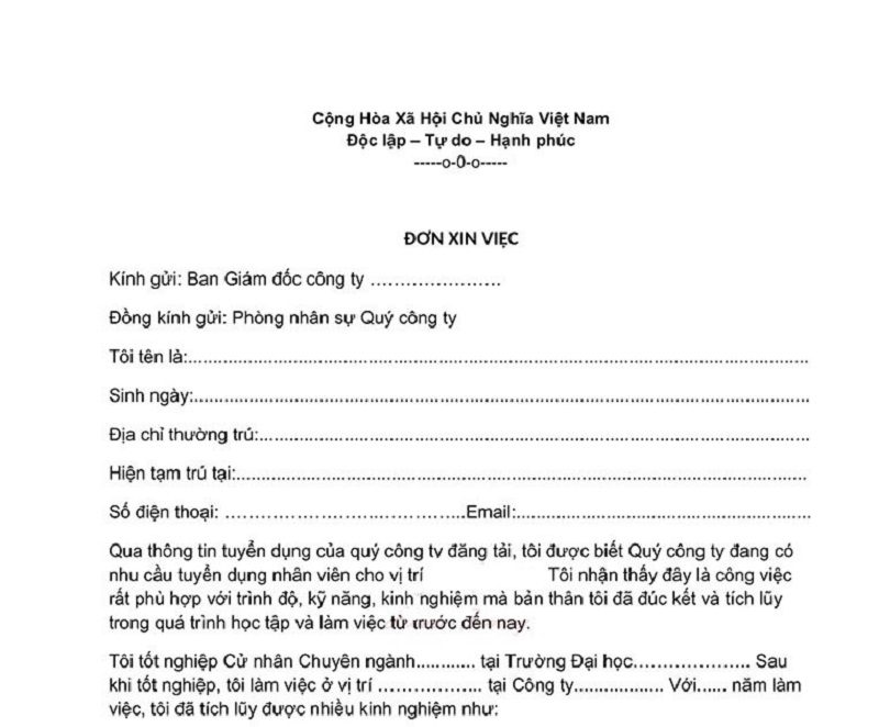 Mở đầu trang trọng của đơn xin việc điều dưỡng