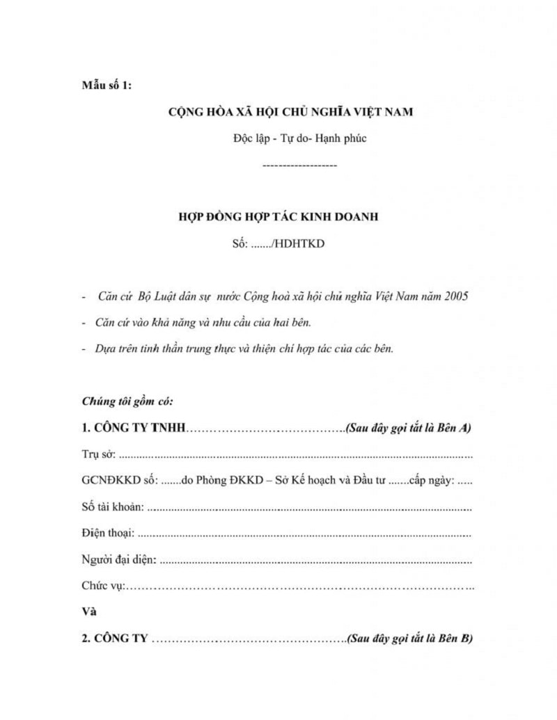 Mẫu hợp đồng hợp tác kinh doanh 