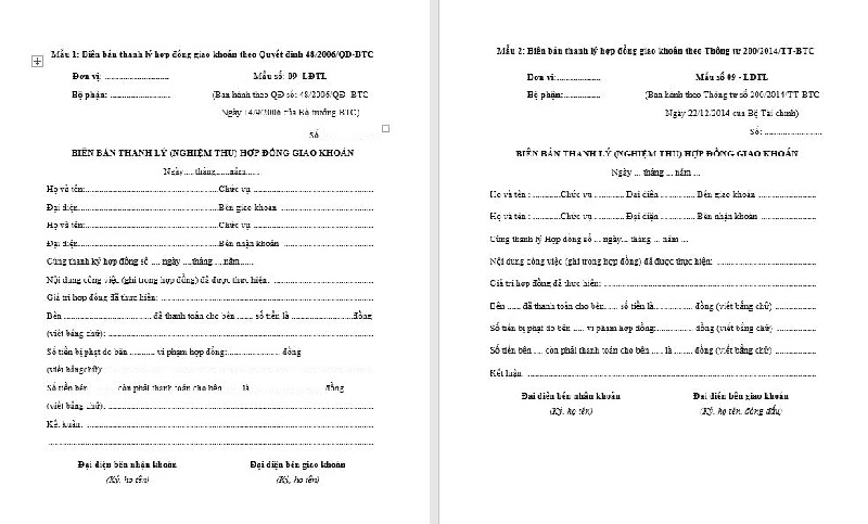 Mẫu biên bản nghiệm thu thanh lý hợp đồng 