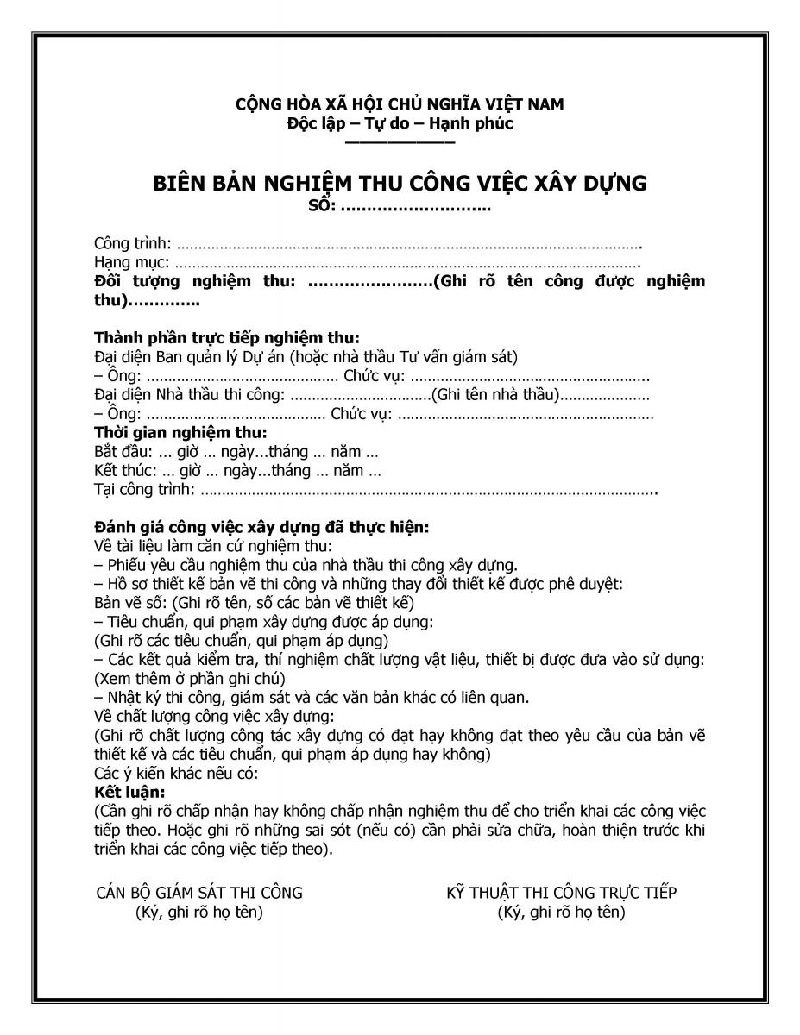 Mẫu biên bản nghiệm thu công việc 