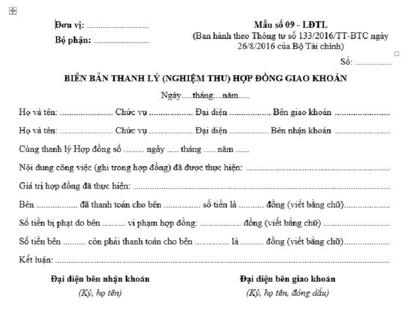 Biên bản thanh lý hợp đồng có sự thỏa thuận giữa 2