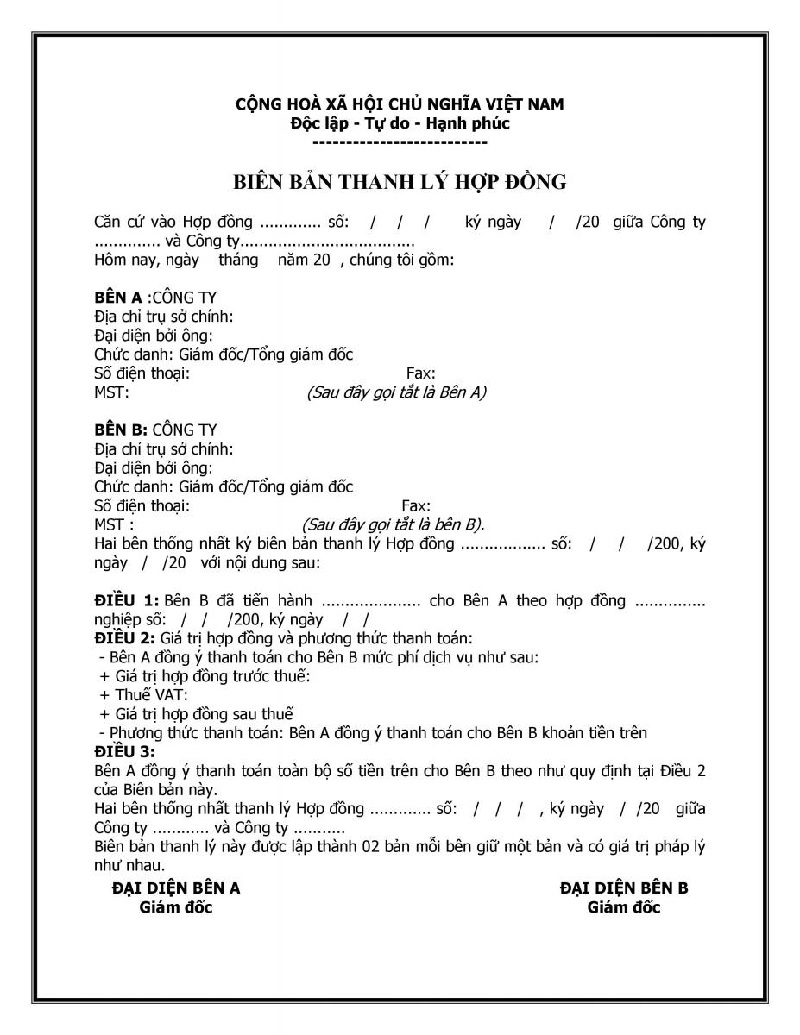 Mẫu biên bản thanh lý hợp đồng chung 