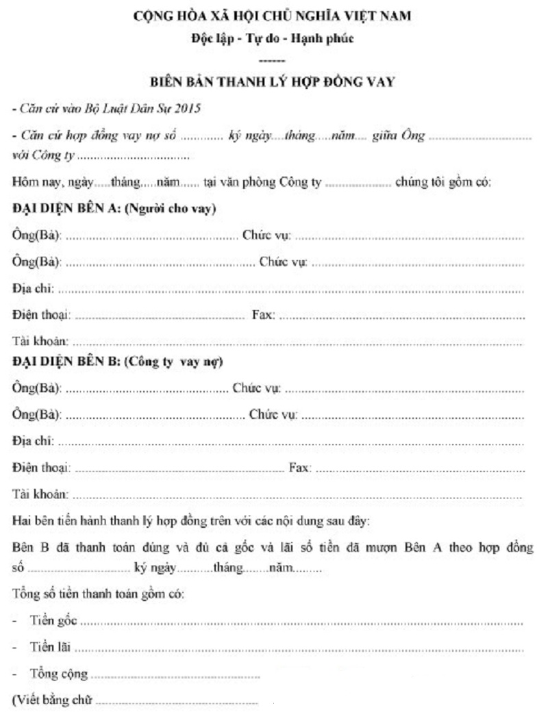 Biên bản thanh lý hợp đồng cho vay 