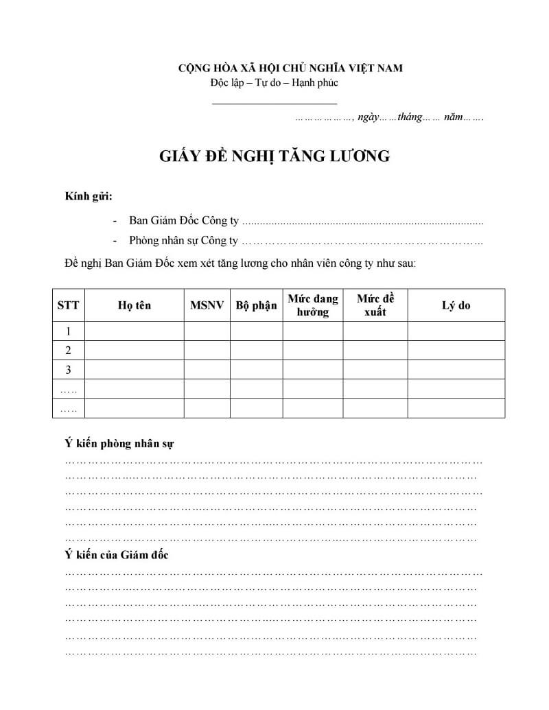 Trong mẫu đề xuất tăng lương cần có những nội dung gì?