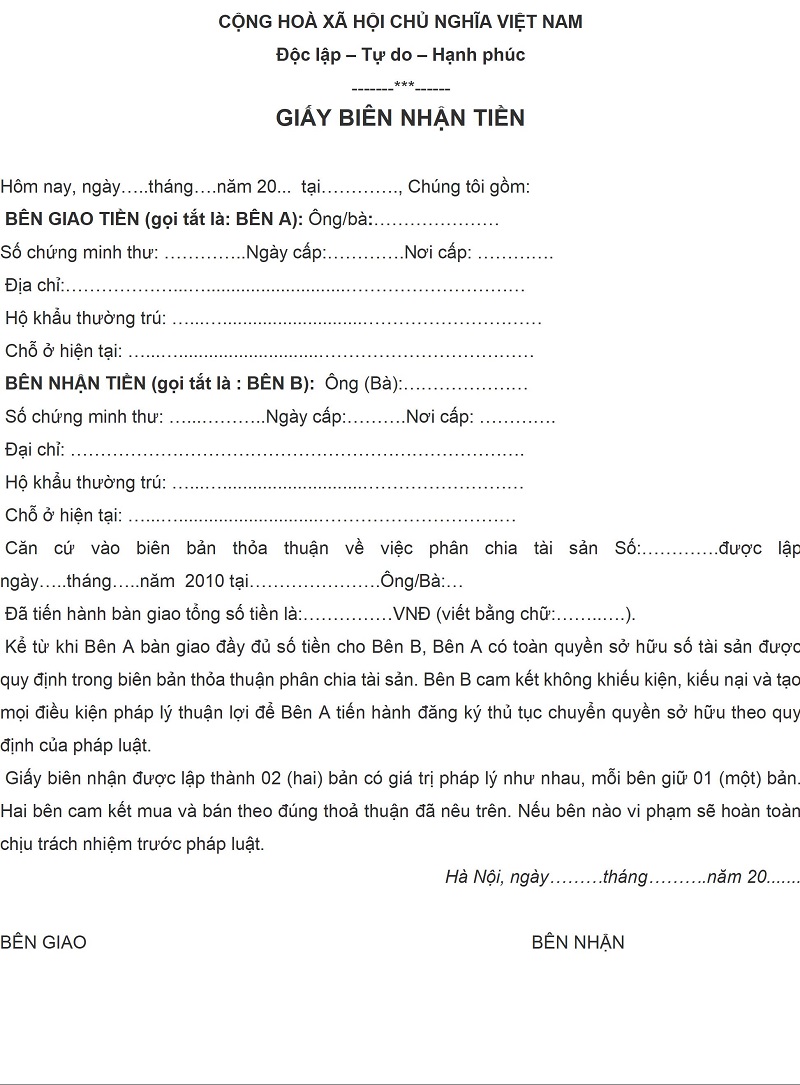 Mẫu giấy biên nhận tiền - Nội dung cách trình bài trong mẫu giao nhận tiền đơn giản 2021