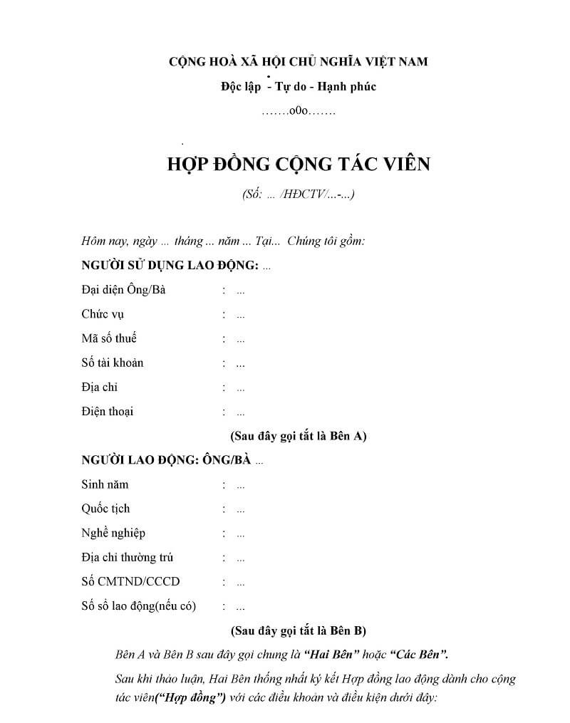 Mẫu hợp đồng cộng tác viên - Hợp đồng dịch vụ 