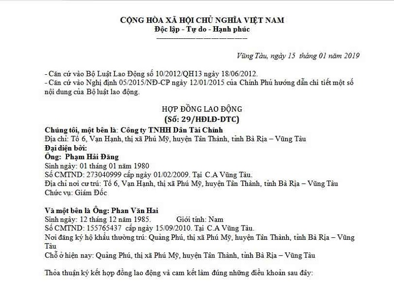 Nội dung của mẫu hợp đồng lao động