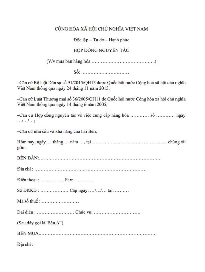 Kết cấu của mẫu hợp đồng nguyên tắc 