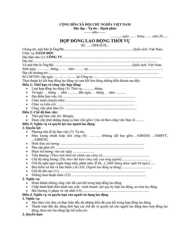 Mẫu hợp đồng thời vụ thứ 1