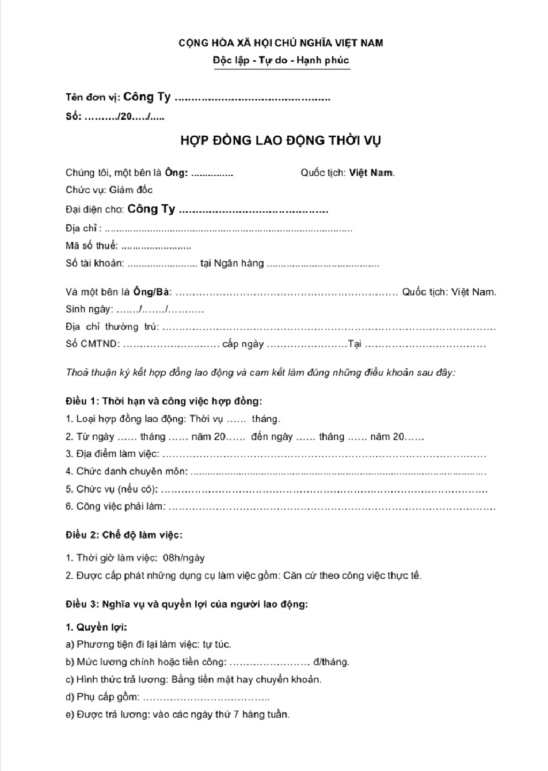 Mẫu hợp đồng thời vụ thứ 2