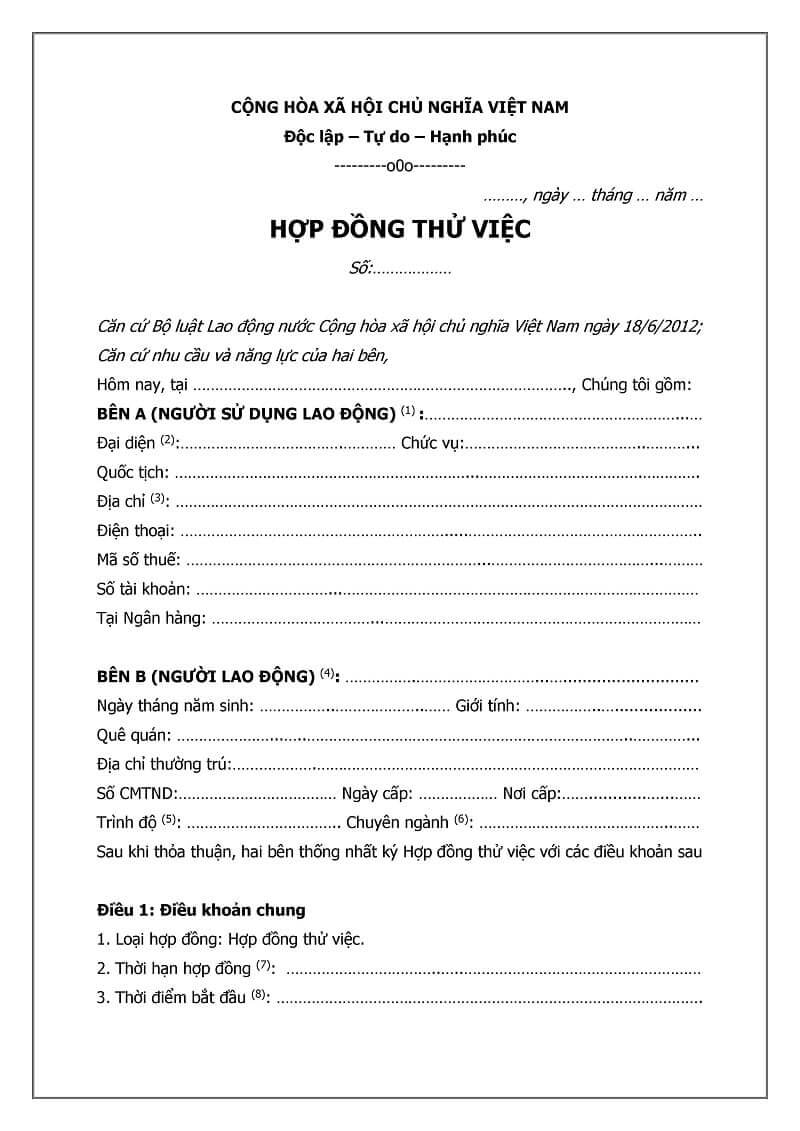 Kết cấu của mẫu hợp đồng thử việc 